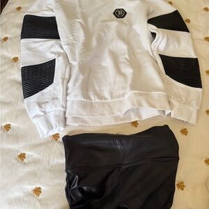 Balmain White Sweatshirt with Black Logo and stretch faux leather leggings